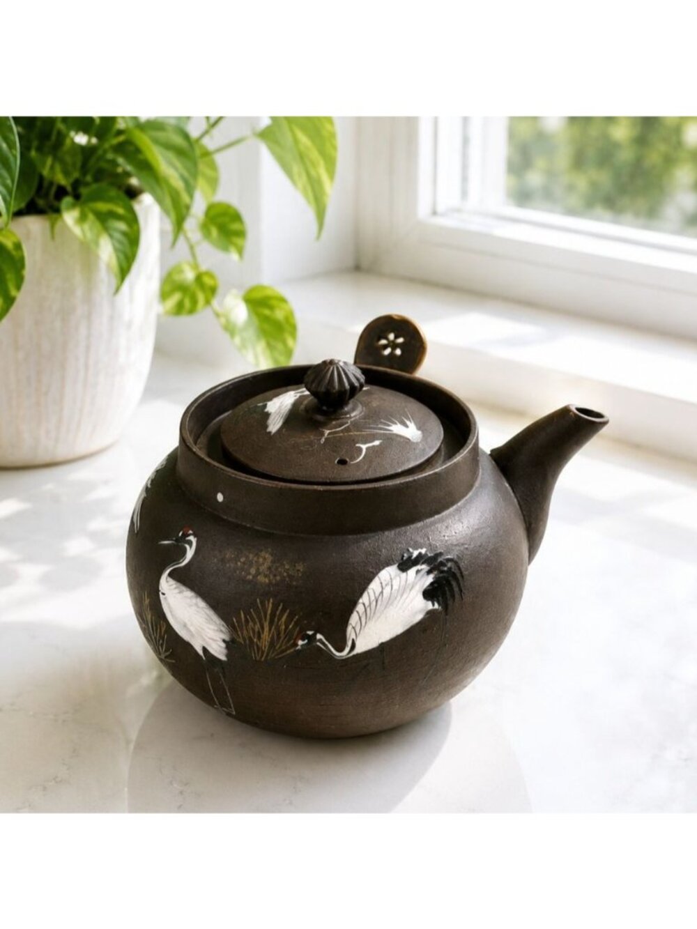 Vintage Hand-Painted Crane Teapot Asian Ceramic Pottery Tea Kettle Decor 3.5”